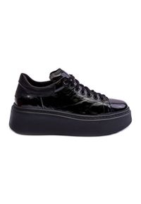 Lemar Damskie Buty Sportowe Lakierowane na Platformie Czarne Milonia. Zapięcie: sznurówki. Kolor: czarny. Materiał: lakier. Obcas: na platformie #4