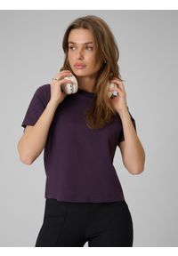 4f - 4F T-shirt regular gładki damski - fioletowy XL. Okazja: na co dzień. Kolor: fioletowy. Materiał: bawełna, dzianina. Długość rękawa: krótki rękaw. Długość: krótkie. Wzór: gładki. Styl: casual #1