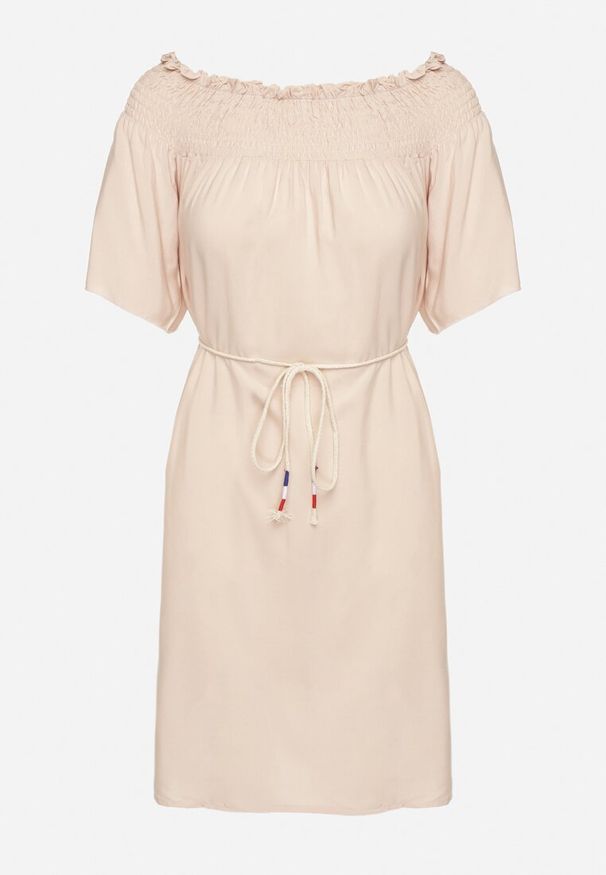 Born2be - Beżowa Sukienka z Wiskozą Bawełną Hiszpańskim Dekoltem i Sznurkiem Lilarenne. Okazja: na co dzień. Kolor: beżowy. Materiał: wiskoza, bawełna. Sezon: lato. Styl: casual, elegancki