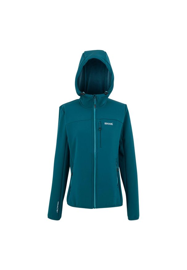 Regatta - Kurtka Damska Ossek Soft Shell. Kolor: wielokolorowy, niebieski, zielony. Sport: turystyka piesza
