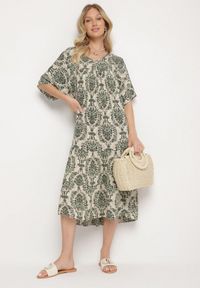 Born2be - Ciemnozielona Sukienka z Bawełną w Abstrakcyjny Wzór Filindela. Okazja: na spacer, na co dzień. Kolor: zielony. Materiał: bawełna. Wzór: aplikacja. Styl: elegancki, casual, klasyczny #4