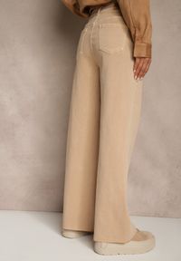 Renee - Beżowe Jeansy High Waist Wide Leg z Surowo Zakończonymi Nogawkami Rhelnell. Okazja: na co dzień. Stan: podwyższony. Kolor: beżowy. Styl: casual #2