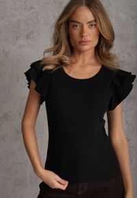 Renee - Czarna Gładka Bluzka z Bawełny z Rękawkami z Falbanek Nedaxera. Okazja: na co dzień, na randkę, na imprezę. Typ kołnierza: kołnierz z falbankami. Kolor: czarny. Materiał: bawełna. Długość rękawa: krótki rękaw. Wzór: gładki. Styl: casual #4