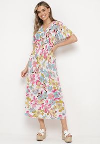 Born2be - Biało-Różowa Sukienka w Kwiaty z Kopertowym Dekoltem i Gumkami w Pasie Lomanda. Okazja: na spacer, na co dzień. Typ kołnierza: dekolt kopertowy. Kolor: biały. Wzór: kwiaty. Sezon: lato. Typ sukienki: kopertowe. Styl: elegancki, casual, klasyczny. Długość: midi #1