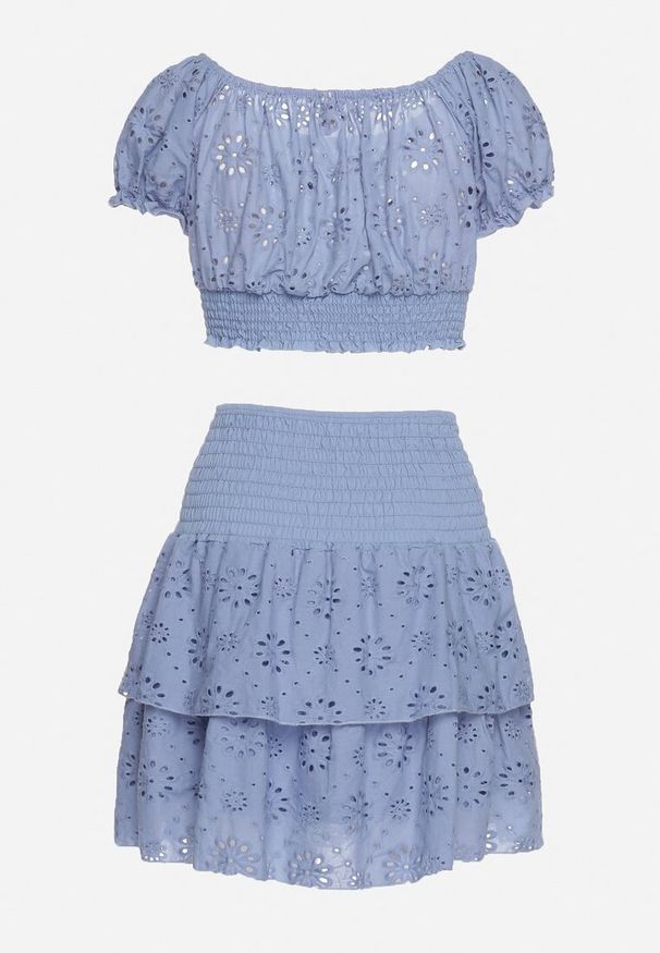 Born2be - Jasnoniebieski Ażurowy Komplet z Bawełny Top w Hiszpańskim Stylu Spódnica z Gumką w Talii Colfea. Kolor: niebieski. Materiał: bawełna. Wzór: ażurowy