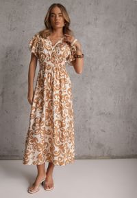 Renee - Brązowa Taliowana Sukienka z Wiskozy z Kopertowym Dekoltem Jynaela. Typ kołnierza: dekolt kopertowy. Kolor: brązowy. Materiał: wiskoza. Wzór: nadruk. Typ sukienki: kopertowe. Styl: boho #7