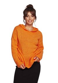 BE Knit - Wełniany sweter z kapturem pomarańczowy. Typ kołnierza: kaptur. Kolor: pomarańczowy. Materiał: wełna #1