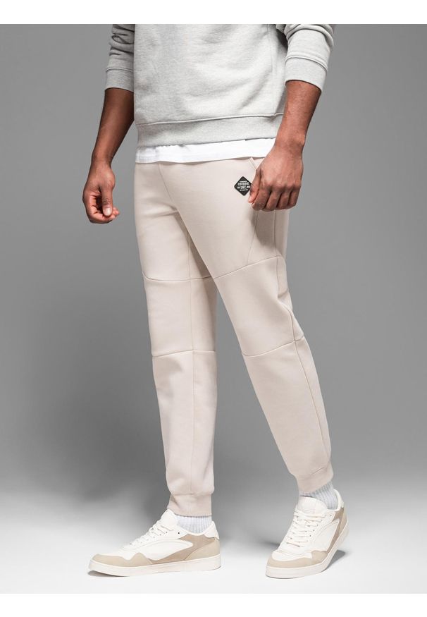 Ombre Clothing - Męskie spodnie dresowe ze ściągaczami i ozdobnym zamkiem – piaskowe V6 OM-PASK-0226 - XXL. Materiał: dresówka. Styl: sportowy, elegancki