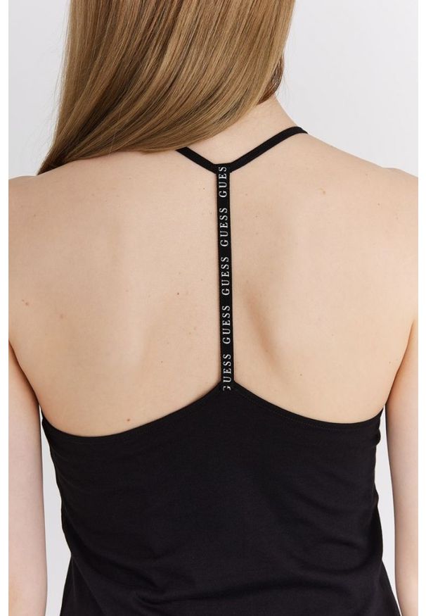 Guess - GUESS Czarna damska sukienka na ramiączka z trójkątnym logo, Rozmiar M. Kolor: czarny. Materiał: bawełna. Długość rękawa: na ramiączkach. Wzór: nadruk