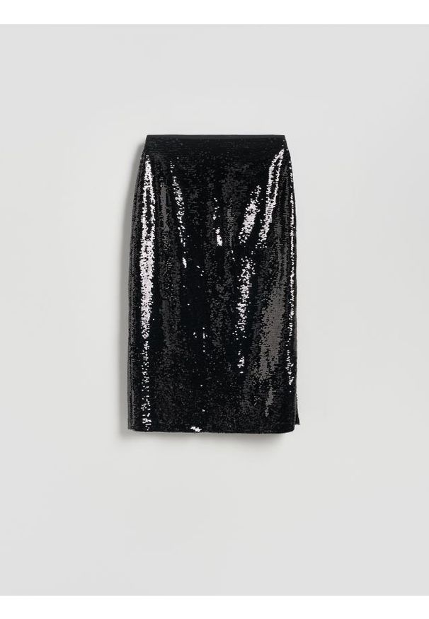 Reserved - Cekinowa spódnica midi - czarny. Kolor: czarny. Materiał: tkanina