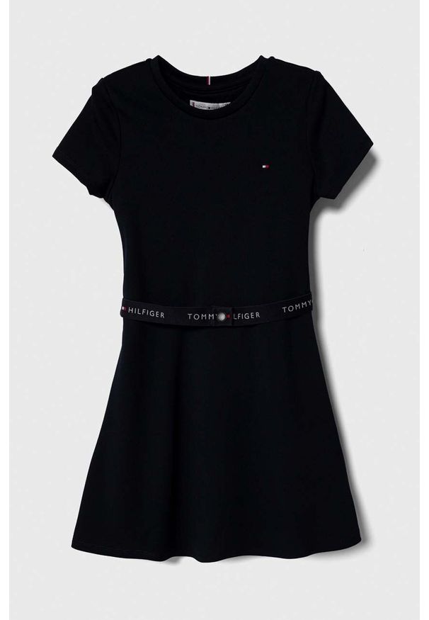 TOMMY HILFIGER - Tommy Hilfiger sukienka dziecięca kolor granatowy mini rozkloszowana. Kolor: niebieski. Długość rękawa: krótki rękaw. Typ sukienki: rozkloszowane. Styl: klasyczny. Długość: mini