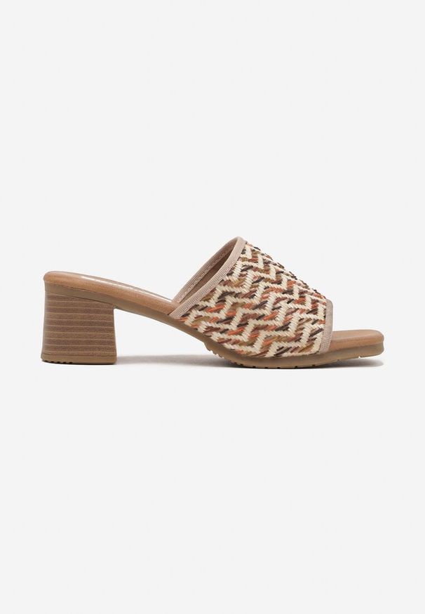 Renee - Ciemnobeżowe Klapki na Słupku z Geometrycznym Wzorem Florreia. Okazja: na co dzień. Kolor: beżowy. Wzór: geometria. Obcas: na słupku. Styl: elegancki, casual. Wysokość obcasa: średni