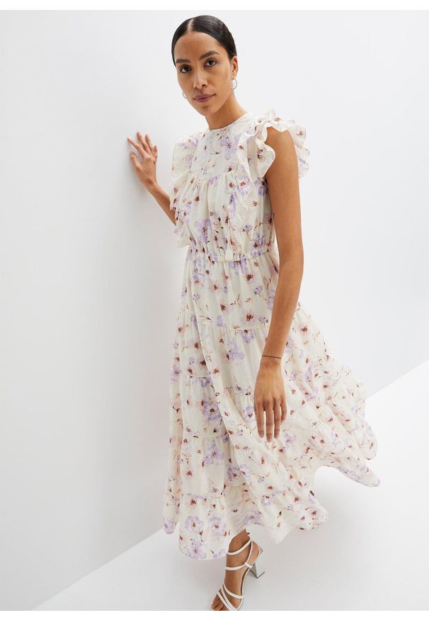 bonprix - Długa sukienka z czystej bawełny. Kolor: beżowy. Materiał: bawełna. Długość: maxi