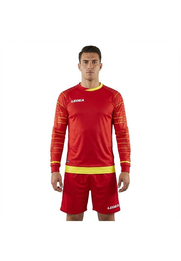 LEGEA - Komplet bramkarski REIMS czerwono-zielony fluo junior. Kolor: czerwony, wielokolorowy, zielony. Wzór: haft. Sport: piłka nożna