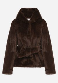 Born2be - Brązowa Kurtka Futerko z Kapturem i Wiązanym Paskiem Zetara. Okazja: na co dzień, na spacer. Typ kołnierza: kaptur. Kolor: brązowy. Materiał: futro. Styl: klasyczny, casual #7