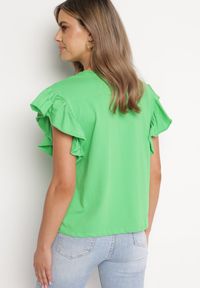 Born2be - Zielony T-shirt z Falowanym Rękawem Aidira. Kolor: zielony. Materiał: jeans. Długość rękawa: krótki rękaw. Długość: krótkie