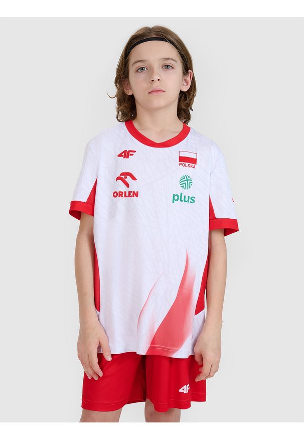 4f - 4F Koszulka meczowa replika domowa dziecięca 4F x Polska Siatkówka - biała 146/152 (10-12 lat). Okazja: do domu. Kolor: biały. Materiał: dzianina, włókno, materiał, syntetyk. Wzór: aplikacja, gładki, ze splotem. Sezon: lato. Styl: klasyczny, sportowy