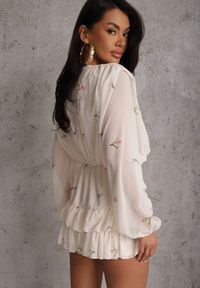 Renee - Beżowy Szyfonowy Kombinezon Zdobiony Falbankami i Paskiem z Wiązaniem Talyria. Okazja: na randkę. Kolor: beżowy. Materiał: szyfon. Wzór: aplikacja #6