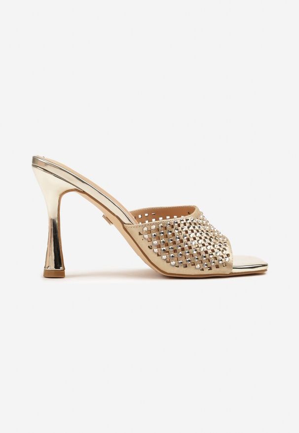 Renee - Złote Klapki na Szpilce Vices z Cyrkoniami Filathiela. Okazja: na randkę. Kolor: złoty. Wzór: aplikacja. Obcas: na szpilce. Styl: elegancki