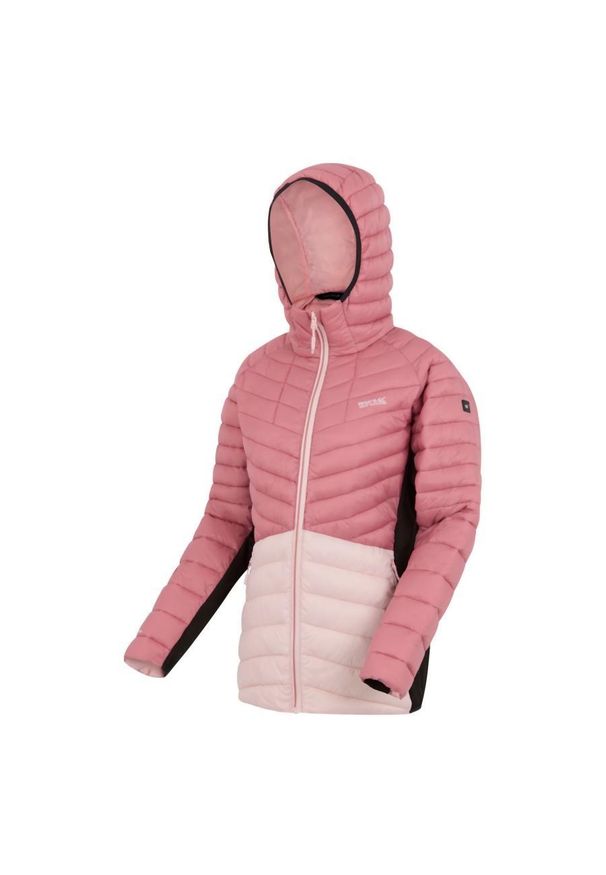 Regatta - Kurtka damska hybrydowa z kapturem Leedre. Typ kołnierza: kaptur. Kolor: różowy. Materiał: puch, syntetyk. Sport: turystyka piesza
