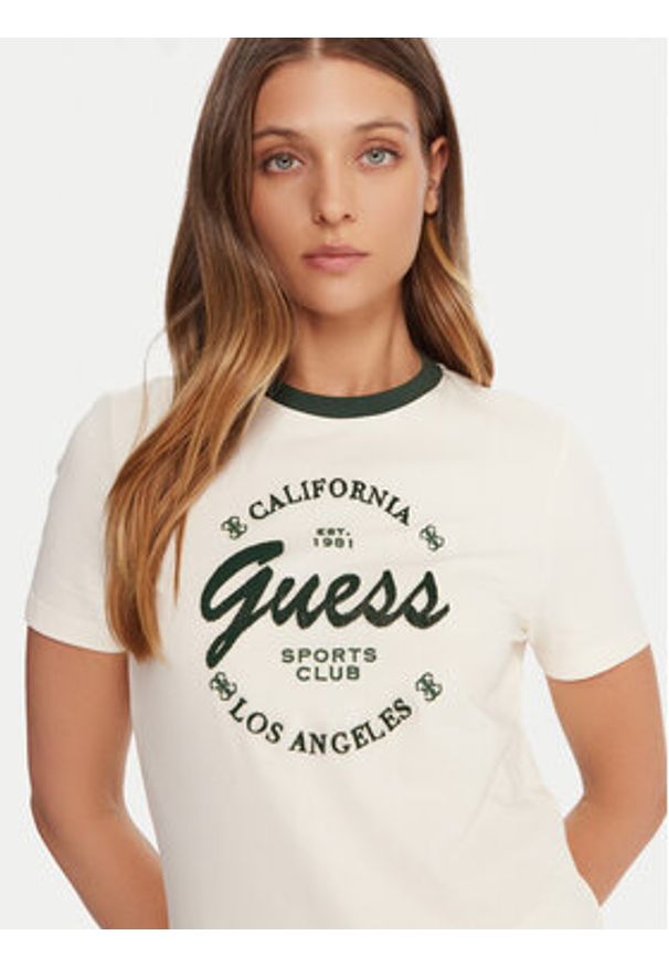 Guess T-Shirt V5BI03 J1314 Beżowy Slim Fit. Kolor: beżowy. Materiał: bawełna
