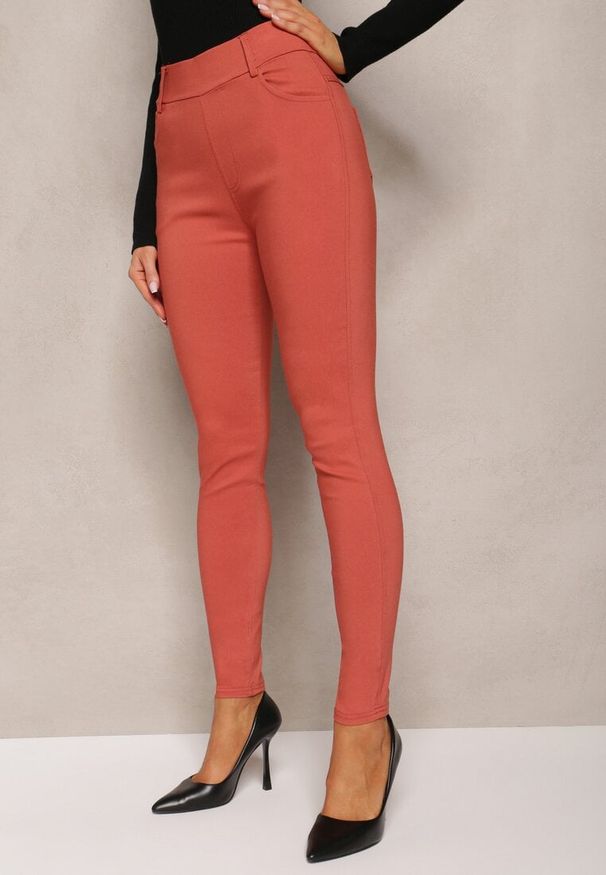 Renee - Pomarańczowe Spodnie Skinny z Talią High Waist Malga. Stan: podwyższony. Kolor: pomarańczowy. Długość: długie
