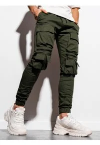 Ombre Clothing - Spodnie męskie joggery - khaki P995 - M. Kolor: brązowy. Materiał: elastan, bawełna