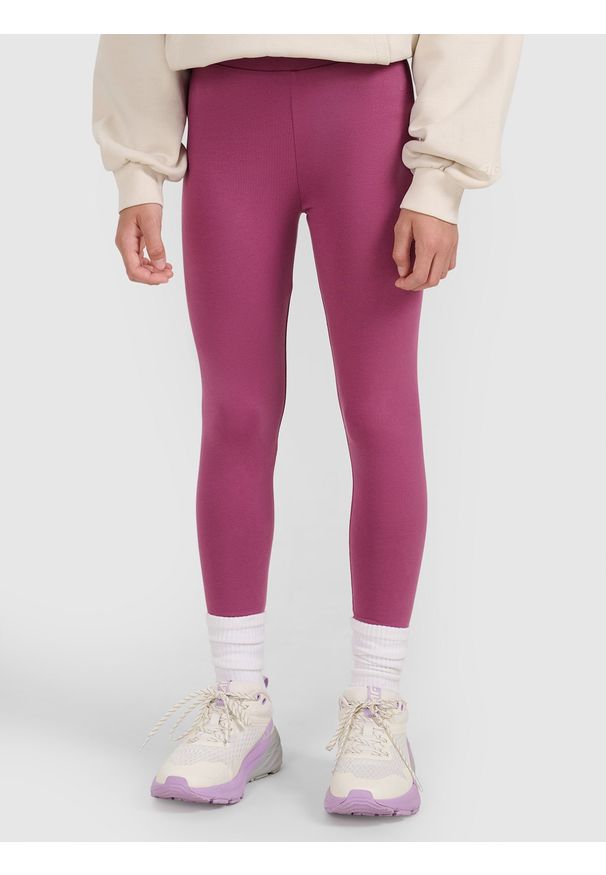 4f - 4F Legginsy dzianinowe dziewczęce - fioletowe 158 (12-13 lat). Okazja: na co dzień. Stan: podwyższony. Kolor: fioletowy. Materiał: dzianina. Wzór: gładki, ze splotem. Sezon: lato. Styl: casual, sportowy