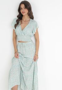 Born2be - Zielony 2-częściowy Bawełniany Komplet z Bluzką i Spódnicą Maxi Cindika. Kolor: zielony. Materiał: bawełna #4