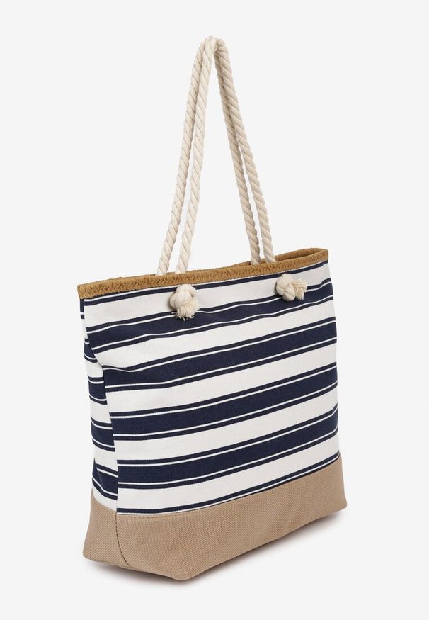 Born2be - Beżowo-Granatowa Plażowa Torebka Shopper z Rączkami ze Sznurka Wykończona Plecionką Zapinana na Suwak Linneli. Kolor: beżowy. Sezon: lato. Styl: elegancki, casual