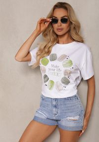 Renee - Biało-Zielony T-shirt z Bawełny z Ozdobnym Nadrukiem i Cyrkoniami Tessera. Kolor: biały. Materiał: bawełna. Wzór: nadruk. Sezon: lato
