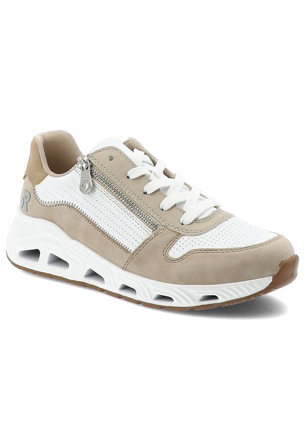 Sneakersy damskie Rieker, cholewka ze skóry ekologicznej i materiału tekstylnego o dynamicznej sportowej sylwetce z panelową konstrukcją sznurowanie. Okazja: na co dzień. Zapięcie: sznurówki. Kolor: biały. Materiał: materiał, skóra ekologiczna. Szerokość cholewki: normalna. Wzór: aplikacja