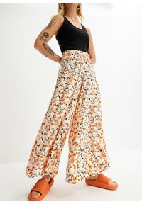 bonprix - Spodnie palazzo z lejącej wiskozy. Kolor: beżowy. Materiał: wiskoza. Wzór: kwiaty #1