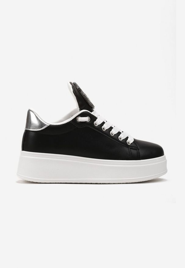 Renee - Czarne Sneakersy na Platformie z Cyrkoniami na Szerokim Języku Esirel. Nosek buta: okrągły. Zapięcie: sznurówki. Kolor: czarny. Obcas: na platformie. Wysokość obcasa: niski