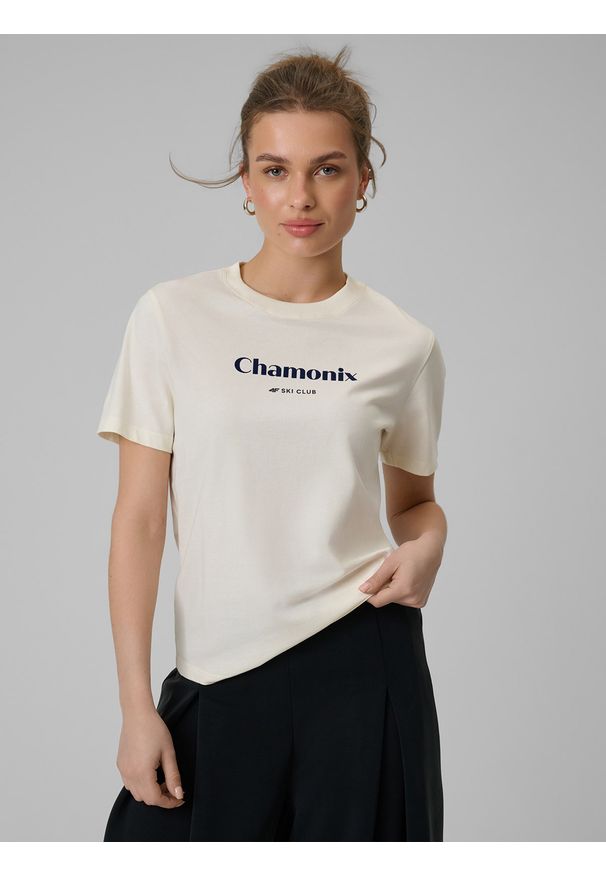 4f - 4F T-shirt loose z nadrukiem damski - beżowy XS. Okazja: na co dzień. Kolor: beżowy. Materiał: dzianina, materiał, bawełna. Wzór: nadruk. Styl: casual