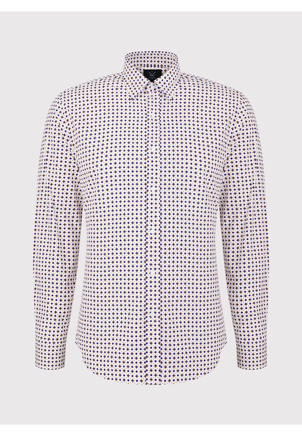 Pako Lorente - Biała koszula w niebiesko-żółty wzór P23WF-1X-018-B-S. Kolor: żółty, niebieski, biały, wielokolorowy. Materiał: elastan, bawełna