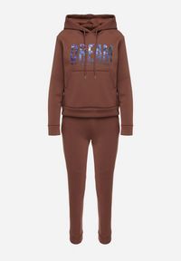 Born2be - Brązowy Ocieplany Komplet Dresowy z Bawełny Joggery i Bluza z Kapturem i Nadrukiem Filola. Kolor: brązowy. Materiał: dresówka, bawełna. Wzór: nadruk #5