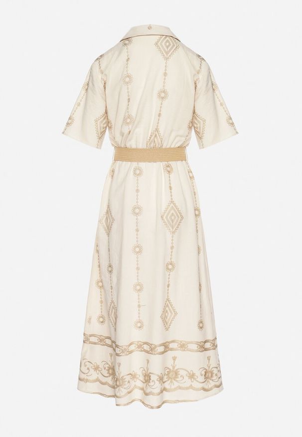 Born2be - Beżowa Bawełniana Sukienka Koszulowa z Ozdobnym Paskiem i Haftem Evialisse. Okazja: na imprezę, na co dzień. Kolor: beżowy. Materiał: bawełna. Wzór: haft. Typ sukienki: koszulowe. Styl: casual, elegancki