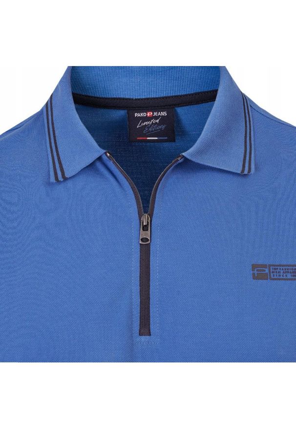Koszulka Polo - Męska - Pako Jeans - Niebieska, Dekolt na Zamek. Okazja: na co dzień. Typ kołnierza: polo. Kolor: niebieski. Materiał: bawełna. Styl: casual