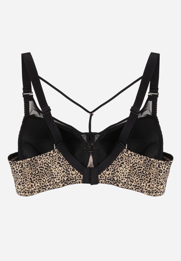 Renee - Czarno-Beżowy Biustonosz z Siateczkową Wstawką i Ozdobnymi Paskami przy Dekolcie Sabesa. Kolor: czarny. Materiał: jeans. Wzór: paski