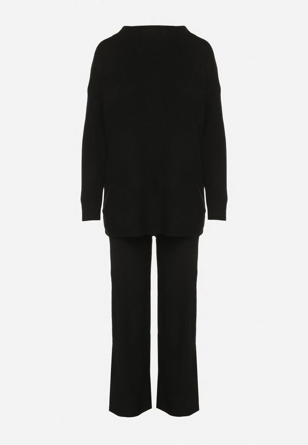 Born2be - Czarny Dzianinowy Komplet z Bawełną i Wełną Długi Sweter i Szerokie Spodnie Reinesa. Kolor: czarny. Materiał: dzianina, bawełna, wełna