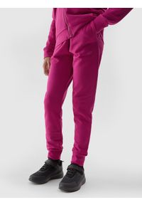 4f - Spodnie dresowe joggery dziewczęce - różowe. Okazja: na co dzień. Kolor: różowy. Materiał: dresówka. Wzór: gładki, ze splotem. Styl: sportowy, casual