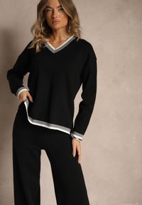Renee - Czarny Komplet Dzianinowy Sweter i Spodnie Wide Leg z Ozdobną Lamówką Ralenia. Kolor: czarny. Materiał: dzianina. Wzór: aplikacja #4