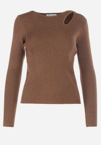 Born2be - Ciemnobrązowy Sweter z Brokatem i Wycięciem przy Dekolcie Zocie. Kolor: brązowy. Sezon: zima #3