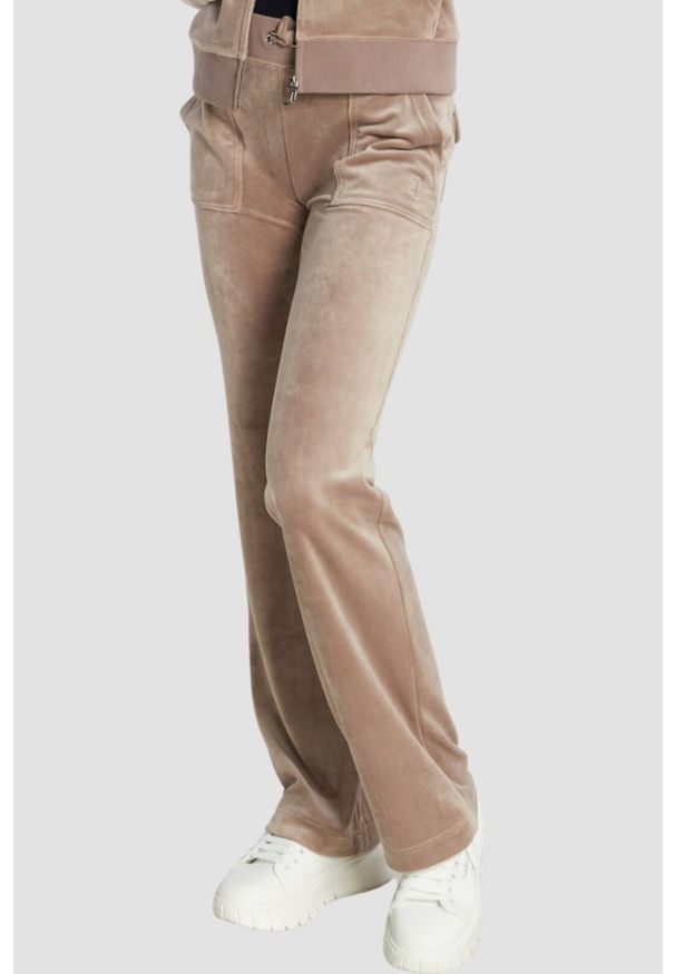 Juicy Couture - JUICY COUTURE Ciemno-beżowe damskie spodnie welurowe Del Ray Pocket Pant, Rozmiar M. Kolor: beżowy. Materiał: welur