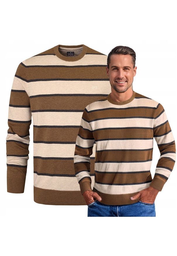 Bawełniany Sweter Męski, Okrągły Dekolt - Pako Jeans - Brąz i Beż, Pasy. Kolor: brązowy, wielokolorowy, beżowy. Materiał: bawełna. Styl: elegancki, klasyczny