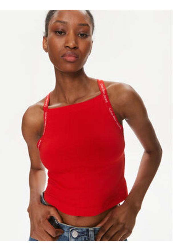 Calvin Klein Jeans Top Logo J20J223110 Czerwony Slim Fit. Kolor: czerwony. Materiał: bawełna