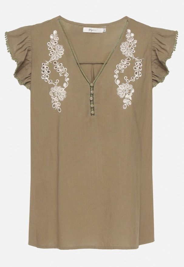 Born2be - Ciemnobeżowa Bawełniana Bluzka Zdobiona Haftem i Falbanką Taloretia. Okazja: na co dzień. Typ kołnierza: dekolt w serek. Kolor: beżowy. Materiał: bawełna. Długość rękawa: krótki rękaw. Długość: krótkie. Wzór: aplikacja, haft. Styl: elegancki, casual