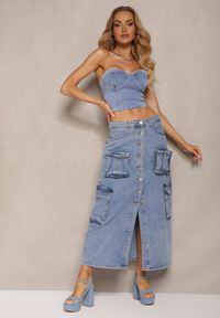 Renee - Niebieska Casualowa Jeansowa Spódnica High Waist Ozdobiona z Przodu Guzikami i Kieszeniami z Klapami Teriara. Okazja: na co dzień. Stan: podwyższony. Kolor: niebieski. Materiał: jeans. Wzór: aplikacja. Styl: casual #4