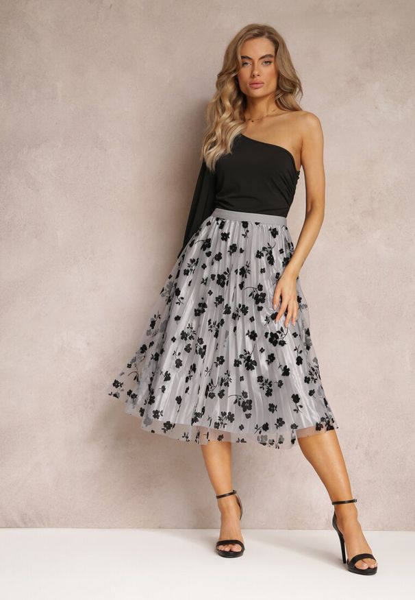 Renee - Szara Spódnica Midi Tiulowa z Welurowymi Kwiatami i Gumką w Talii Zihrosa. Kolor: szary. Materiał: welur, tiul. Wzór: kwiaty